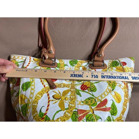 Tignanello Leather & Canvas Tote Bag Purse With Floral Insects & Chain Print - Picture 5 of 11